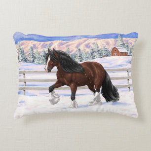 Brown Bay Gypsy Vanner Draught Horse In Snow Decorative Cushion
