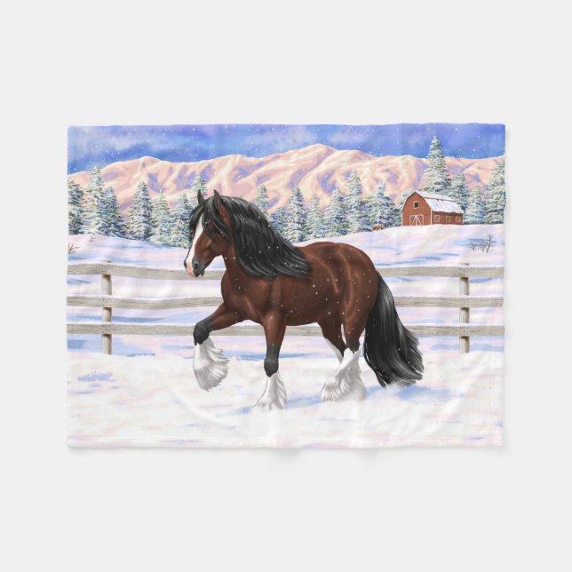 Brown Bay Gypsy Vanner Draught Horse In Snow Fleece Blanket (Front (Horizontal))