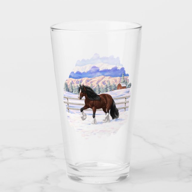 Brown Bay Gypsy Vanner Draught Horse In Snow Glass (Front)