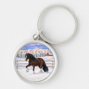Brown Bay Gypsy Vanner Draught Horse In Snow Key Ring
