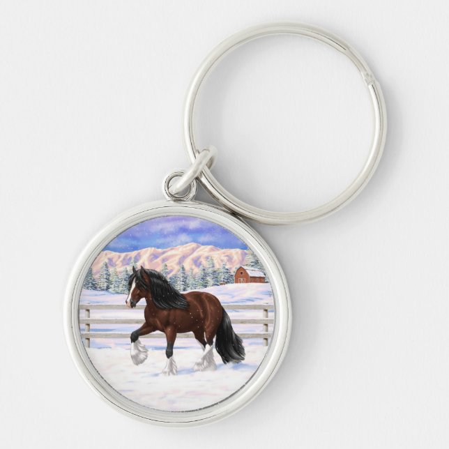 Brown Bay Gypsy Vanner Draught Horse In Snow Key Ring (Front)