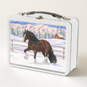 Brown Bay Gypsy Vanner Draught Horse In Snow Metal Lunch Box