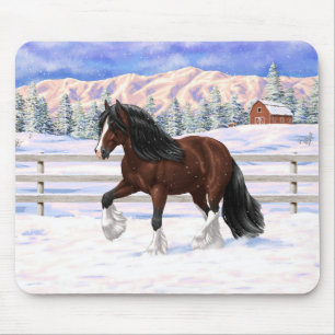 Brown Bay Gypsy Vanner Draught Horse In Snow Mouse Mat