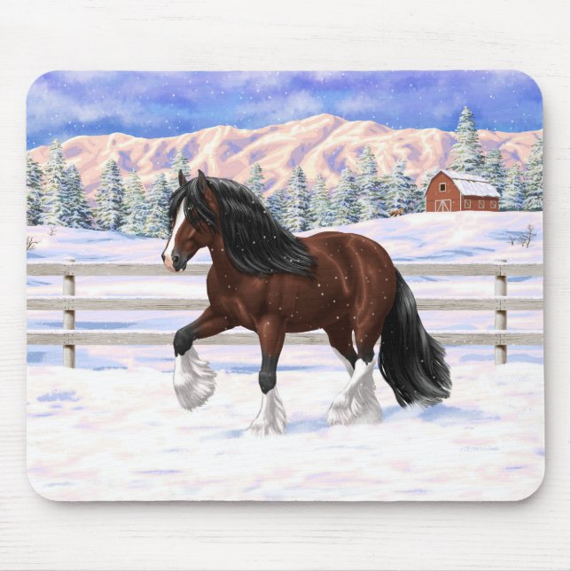 Brown Bay Gypsy Vanner Draught Horse In Snow Mouse Mat (Front)