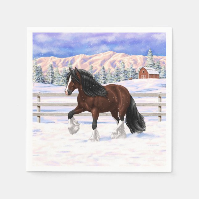 Brown Bay Gypsy Vanner Draught Horse In Snow Napkin (Front)