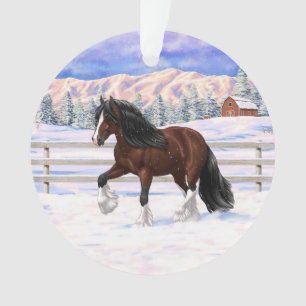 Brown Bay Gypsy Vanner Draught Horse In Snow Ornament