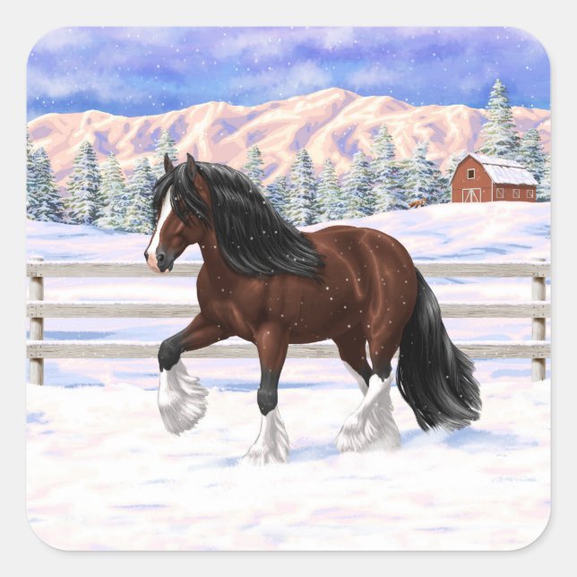 Brown Bay Gypsy Vanner Draught Horse In Snow Square Sticker (Front)