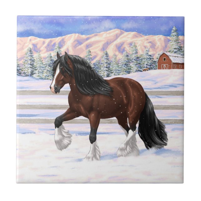 Brown Bay Gypsy Vanner Draught Horse In Snow Tile (Front)