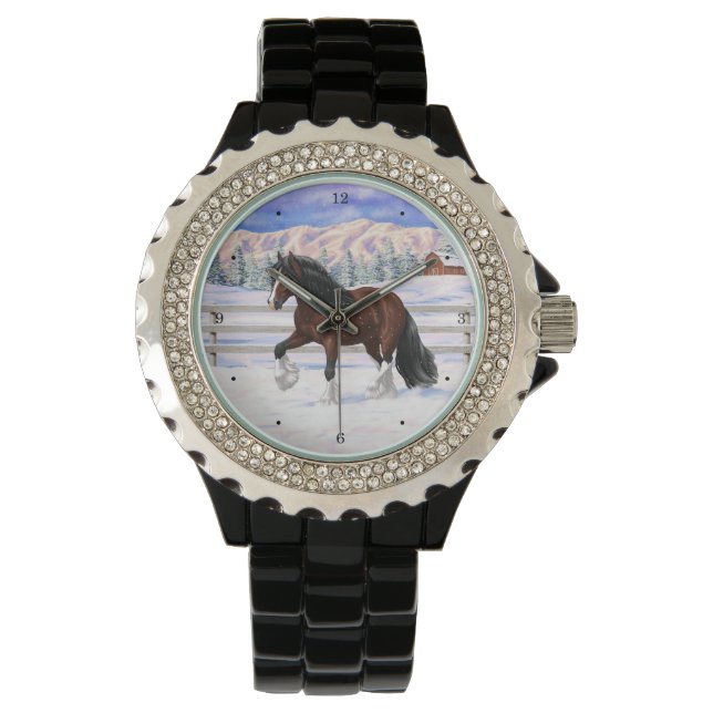 Brown Bay Gypsy Vanner Draught Horse In Snow Watch (Front)