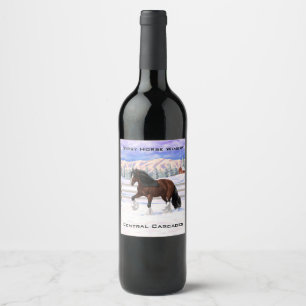 Brown Bay Gypsy Vanner Draught Horse In Snow Wine Label