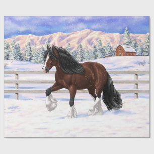 Brown Bay Gypsy Vanner Draught Horse In Snow Wrapping Paper