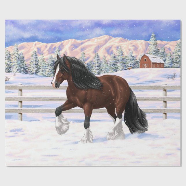 Brown Bay Gypsy Vanner Draught Horse In Snow Wrapping Paper (Flat)