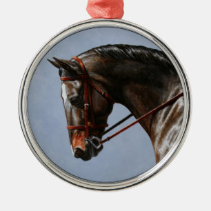 Brown Bay Oldenburg Horse Portrait Metal Tree Decoration