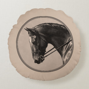 Brown Bay Oldenburg Horse Portrait Sepia Round Cushion