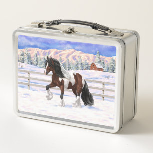 Brown Bay Pinto Gypsy Vanner Draft Horse In Snow Metal Lunch Box