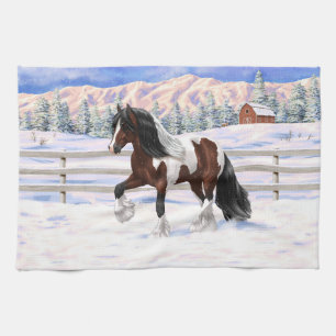 Brown Bay Pinto Gypsy Vanner Draft Horse In Snow Tea Towel