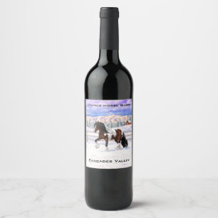 Brown Bay Pinto Gypsy Vanner Draft Horse In Snow Wine Label