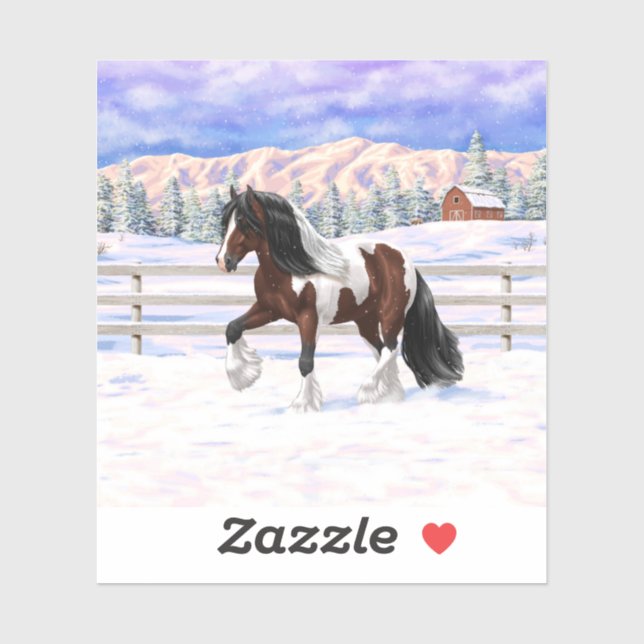 Brown Bay Pinto Gypsy Vanner Draught Horse In Snow (Sheet)