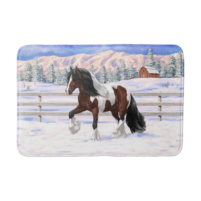 Brown Bay Pinto Gypsy Vanner Draught Horse In Snow Bath Mat (Front)