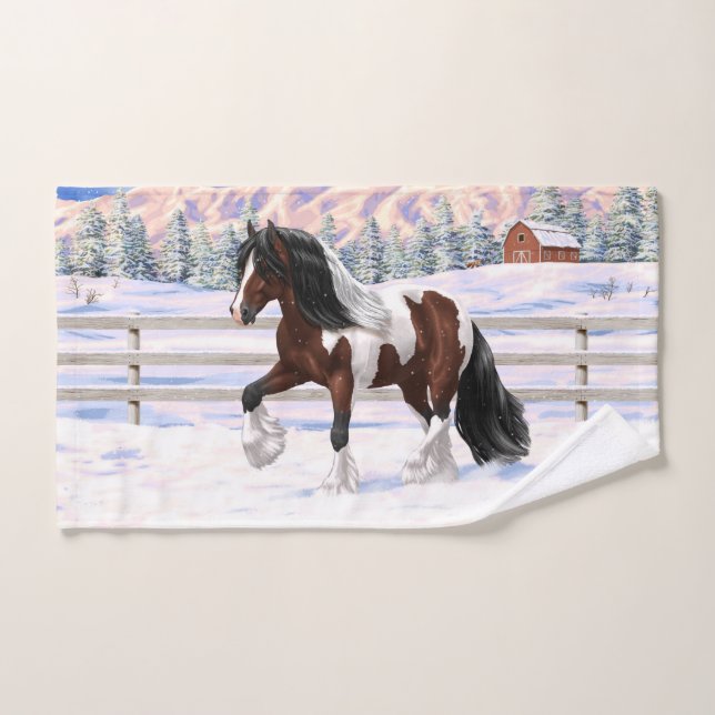 Brown Bay Pinto Gypsy Vanner Draught Horse In Snow Bath Towel Set (Hand Towel)