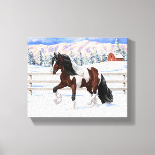 Brown Bay Pinto Gypsy Vanner Draught Horse In Snow Canvas Print