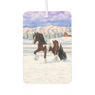 Brown Bay Pinto Gypsy Vanner Draught Horse In Snow Car Air Freshener