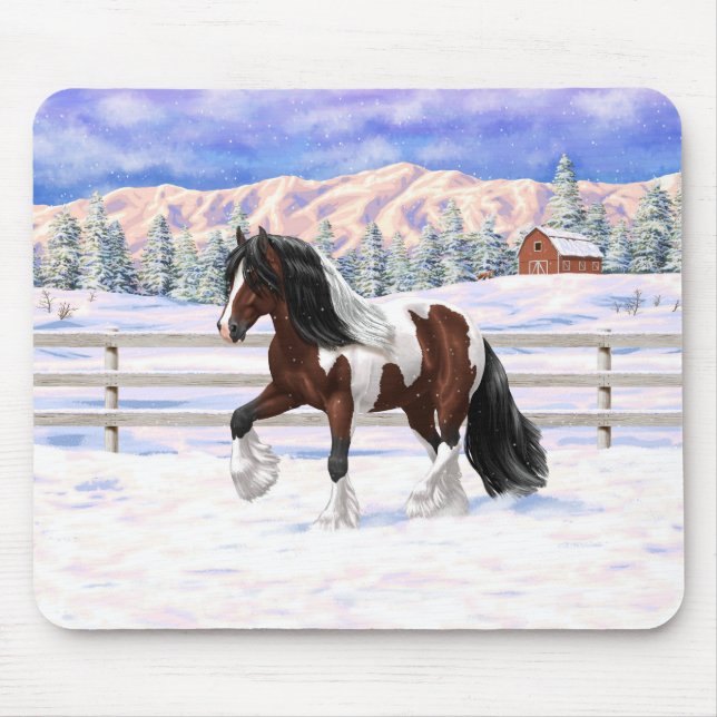 Brown Bay Pinto Gypsy Vanner Draught Horse In Snow Mouse Mat (Front)