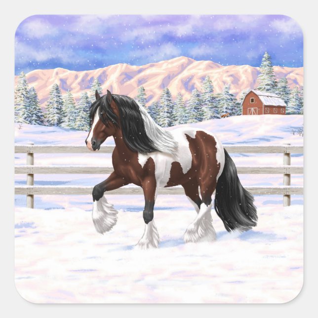 Brown Bay Pinto Gypsy Vanner Draught Horse In Snow Square Sticker (Front)