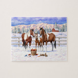 Brown Bay Pinto Paint Quarter Horses In Snow Jigsaw Puzzle