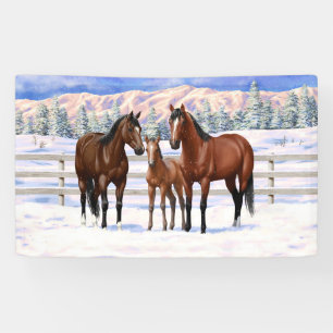 Brown Bay Quarter Horses In Snow Banner