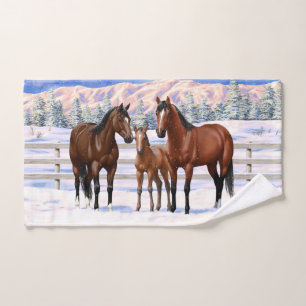 Brown Bay Quarter Horses In Snow Bath Towel Set