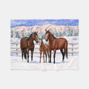 Brown Bay Quarter Horses In Snow Fleece Blanket