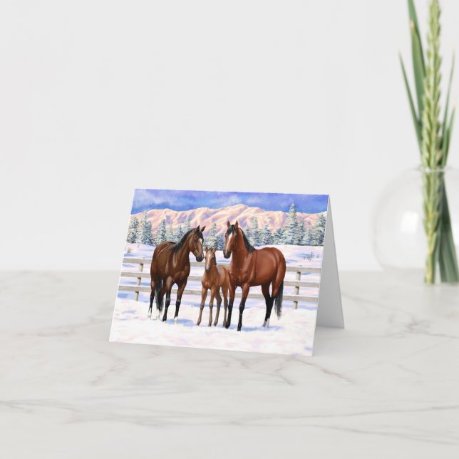 Brown Bay Quarter Horses In Snow Holiday Card (Front)