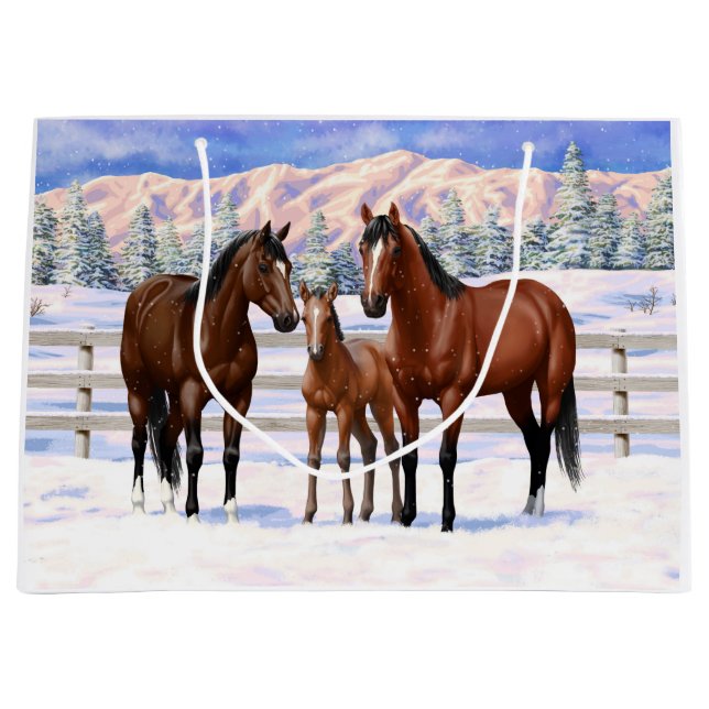 Brown Bay Quarter Horses In Snow Large Gift Bag (Front)