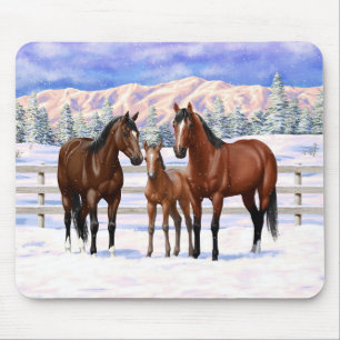 Brown Bay Quarter Horses In Snow Mouse Mat