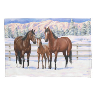 Brown Bay Quarter Horses In Snow Pillowcase