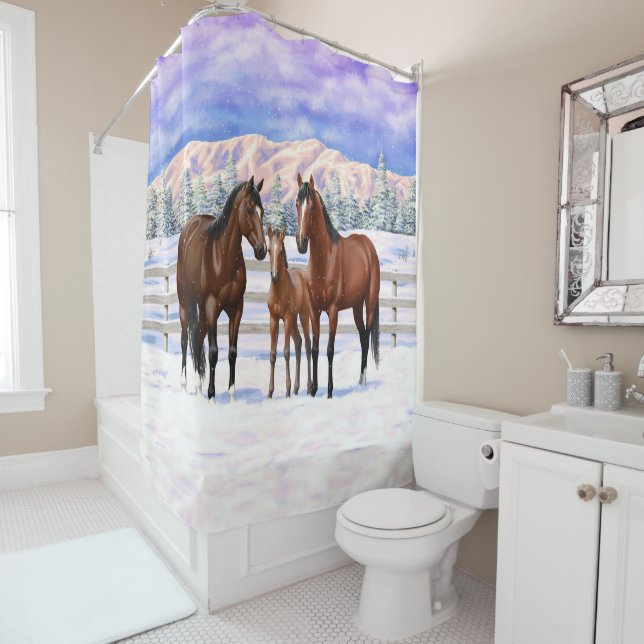 Brown Bay Quarter Horses In Snow Shower Curtain (In Situ)