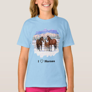 Brown Bay Quarter Horses In Snow T-Shirt