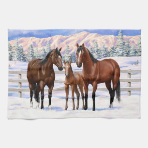 Brown Bay Quarter Horses In Snow Tea Towel