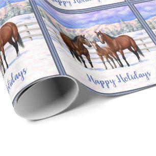 Brown Bay Quarter Horses In Snow Wrapping Paper