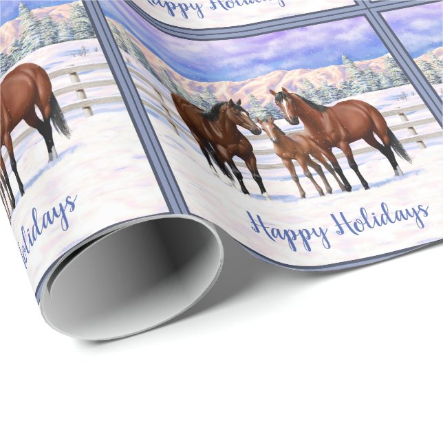 Brown Bay Quarter Horses In Snow Wrapping Paper (Roll Corner)