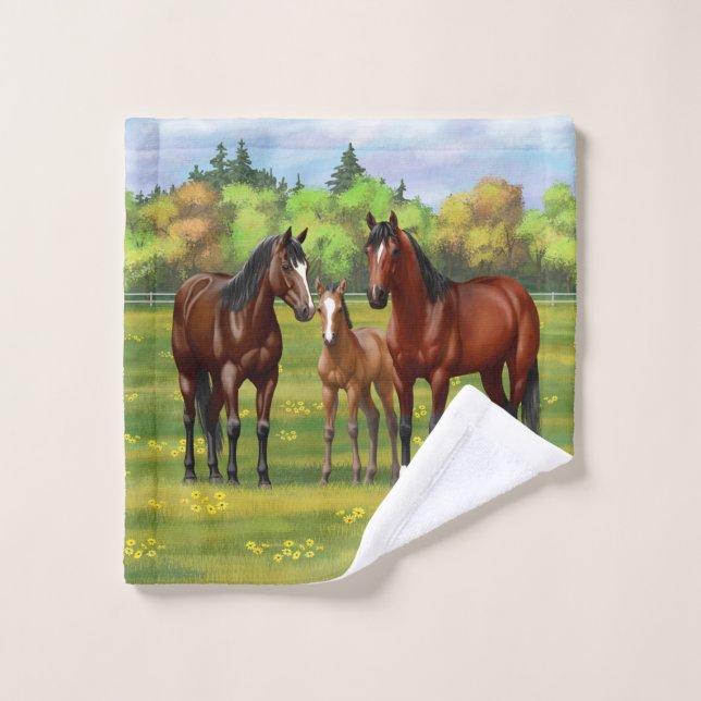 Brown Bay Quarter Horses In Summer Pasture Bath Towel Set (Wash Cloth)