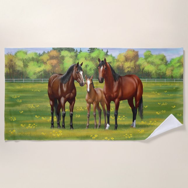 Brown Bay Quarter Horses In Summer Pasture Beach Towel (Front)