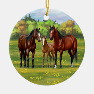 Brown Bay Quarter Horses In Summer Pasture Ceramic Tree Decoration