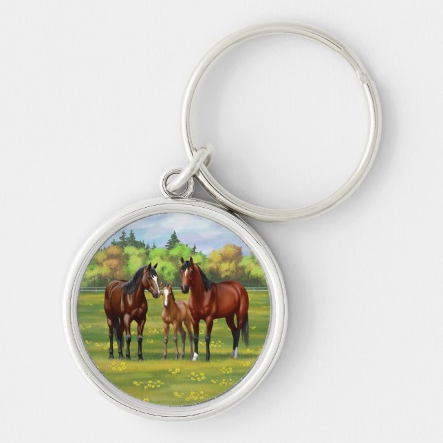 Brown Bay Quarter Horses In Summer Pasture Key Ring (Front)