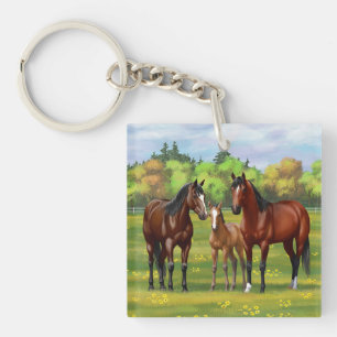 Brown Bay Quarter Horses In Summer Pasture Key Ring
