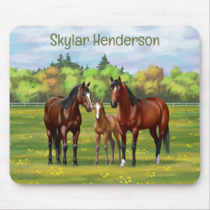 Brown Bay Quarter Horses In Summer Pasture Mouse Mat