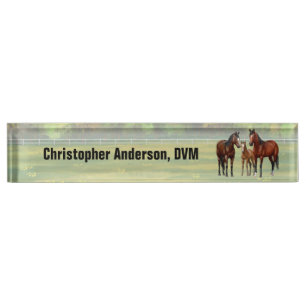 Brown Bay Quarter Horses In Summer Pasture Nameplate