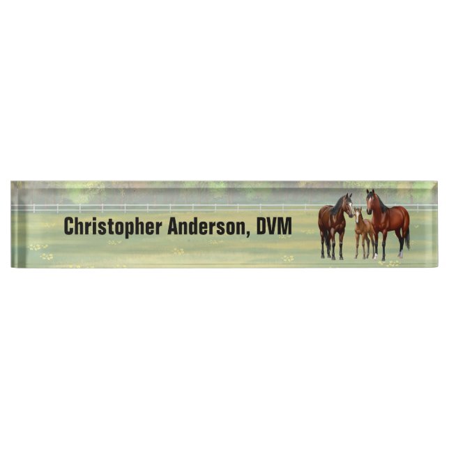 Brown Bay Quarter Horses In Summer Pasture Nameplate (Front)