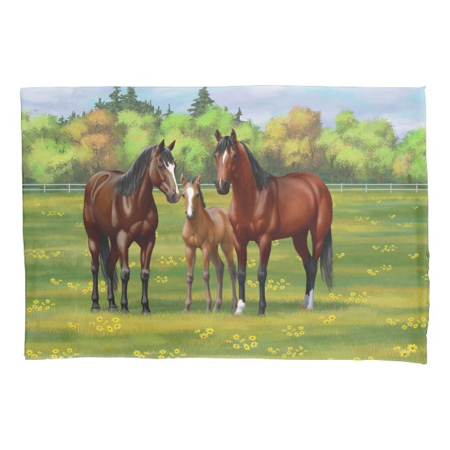 Brown Bay Quarter Horses In Summer Pasture Pillowcase (Front-Left)